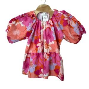Fantastic Fawn Floral Ruffled Babydoll Blouse Top Pink Orange Women's Size L NWT